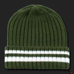 Olive Stripe Watch Cap Beanie Knit Winter Hat Stocking  