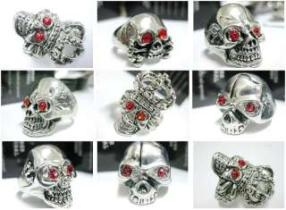 12pcs cool mens skull Red stone stainless steel ring  