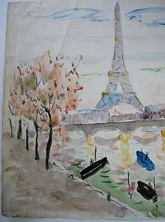FAUVIST WATERCOLOR PAINTING SIGNED EIFFEL TOWER 1950  