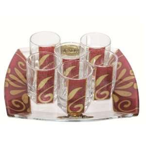  Lily Art 6 Cup Glass Liquor Set and Tray   Burgundy 
