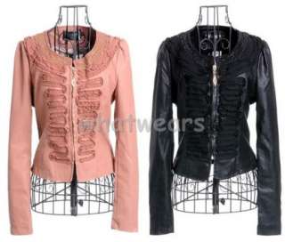 Womens Round Neck Zip Leather Jacket/Coat Pink Z50  