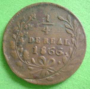 1866 Mexico Sinaloa 1/4 Real Cooper coin Nice cond.  