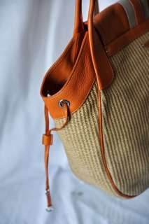 PRADA Raffia+Orange STRAW+LEATHER+LIZARD Shopper Tote Handbag Shoulder 