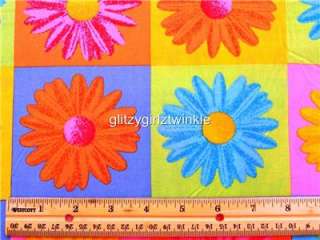   Daisy Fabric BTY Floral Flowers Blue Green Orange Yellow Bright  