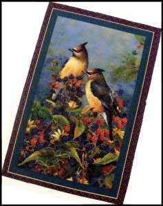 Birds Yellow Red Berries Floral Fabric Panel 10 x 16  
