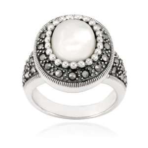  Sterling Silver Marcasite and Oval Mother Of Pearl Ring 