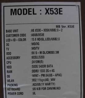 ASUS X53E XR3 LAPTOP 15.6 LCD INTEL i5 6GB RAM 500GB HD WIN7, NEW 