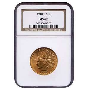  1910 D Gold $10 Indian Head MS62