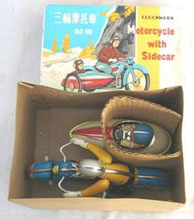 Vintage Tin Wind Up Clockwork Motorcycle with Sidecar Mint in the Box 