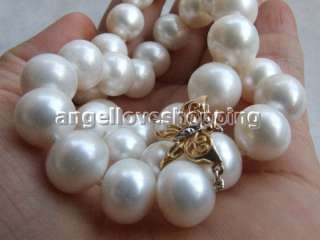 Wow Huge 13.2mm white round real freshwater Pearl Necklace 14K Clasp
