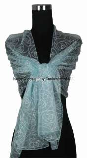   Genuine Silk Oblong Scarf Shawl Wrap w/ Rose Pattern, Baby Blue  