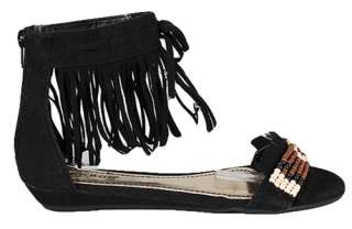 NEW Bamboo Womens Sandals Black Roman Gladiator Fringe Ankle Strappy 