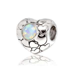   Hearts White Lab Opal , Gift for Moms, Fits Pandora Bracelet Jewelry