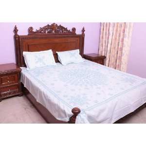  Chikan Hand Embroidered Pale Cyan Bedspread from Lucknow 