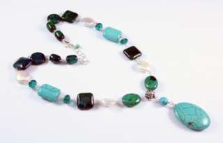 NEW TURQUOISE MAGNESITE PEARL STERLING SILVER NECKLACE  