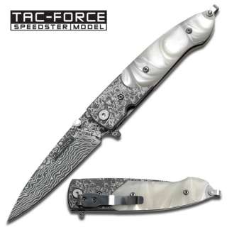 White Pearl Handle Spring Assist Knife   Damascus Etching Blade 