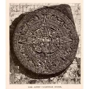  Woodcut Aztec Stone Calendar Mexico Carving Mesoamerican Round Moon 
