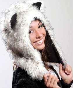   Fur Plush 3D Half Animal Hood Hat Ear Flaps White Gray Husky  