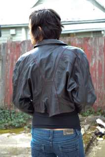 vintage 80s CROPPED black LEATHER JACKET red stitching  