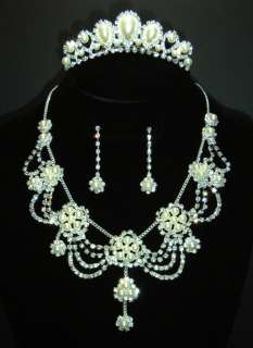 Bridal Wedding Jewelry Set Rhinestone Pearl (Necklace+Earrings+Tiara 