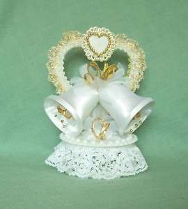 White Satin Bells w/ Gold or Silver Wedding Cake Topper  