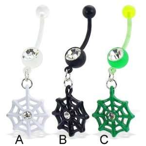  Bioplast belly button ring with dangling web, green   C Jewelry