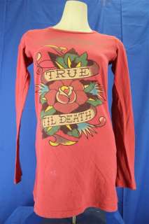 Ed Hardy True Till Death Pinkish Red Long Sleeve Tunic T shirt Small 