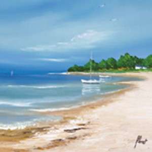 QUIET SHORES Orig Oil Painting Beach Sailboat 24x24  
