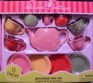 13 Pc 4 Color Porcelain Tea Set Girls Play Dishes NIB  
