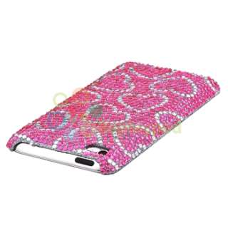 Pink w/ White Heart Bling Hard Case Cover+Privacy Filter For iPod 
