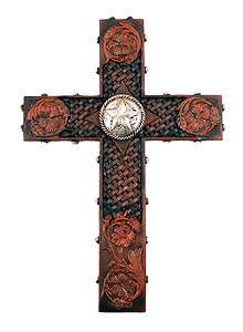 Western Wall Cross Silver Star Flowers Conchos Tooled Leather Look 