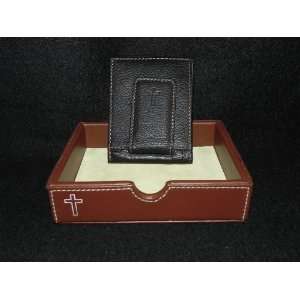 Rolfs Genuine Leather Magnetic Clip Bi fold Wallet w/ Embossed Cross
