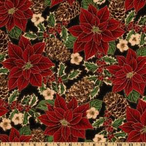  44 Wide All Is Bright Poinsettias & Holly Metallic Black 