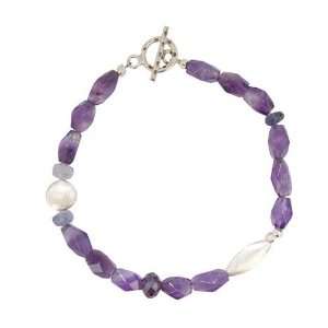 Gemstone Bead Toggle Bracelet with Brushed Satin Sterling Silver Beads 