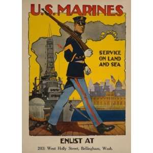 World War I Poster   U.S. Marine Corps   Service on land and sea 34 X 
