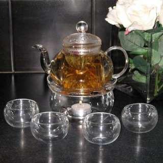 NEW GLASS TEAPOT TEA SET INFUSER Warmer+4 Cups Gift Box  