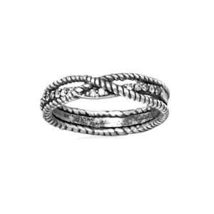 Braided Rope Band Ring Antiqued Sterling Silver with CZ Cubic Zirconia