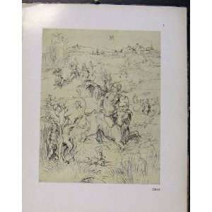  German Drawings Lady Riding Horse Over Field Of People 