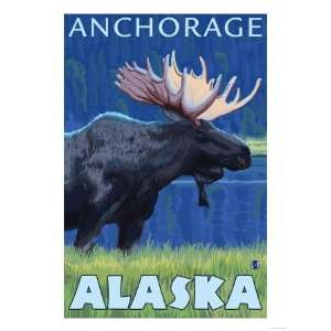  Moose at Night, Anchorage, Alaska Giclee Poster Print 