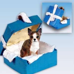  Chihuahua Blue Gift Box Dog Ornament   Brindle