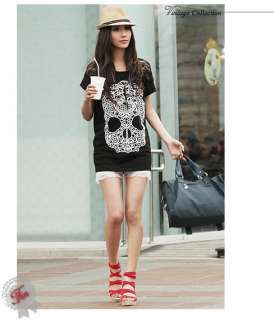 Womens Big Skull Loose with Lace Short Sleeve T Shirt X  
