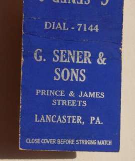1940s Matchbook Sener & Sons Coal Lumber Lancaster PA  