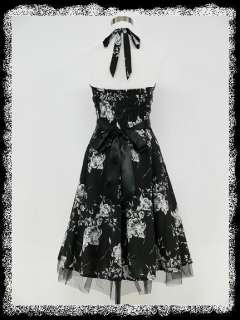   BLACK HALTERNECK FLORAL 50s ROCKABILLY SWING PROM VINTAGE DRESS  