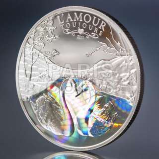   1000 Francs 2011 AMOUR TOUJOURS Love Swans Hologram Silver Coin Proof