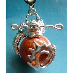  Goldstone Bead Silvertone Dragon Pendant Necklace 