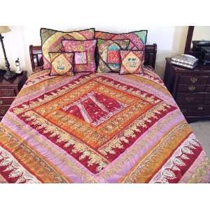   7P Designer India Style Bedding Ensemble Sari Coverlet