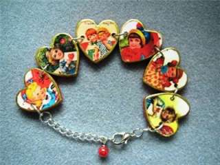 Retro Valentines Day Postcard Art Heart Adjustable Bracelet Handmade 
