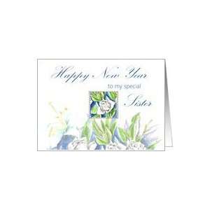  Happy New Year Sister White Roses Watercolor Card Health 