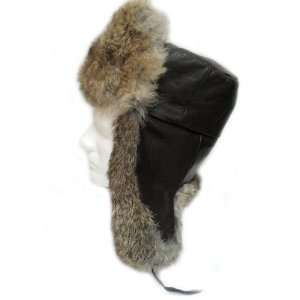 Rabbit Fur Ushanka Hat with Ear Flaps with Combinated Leatherette 58 
