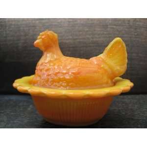   Orange Glass Hen on Nest Chick Salt Covered Dish 